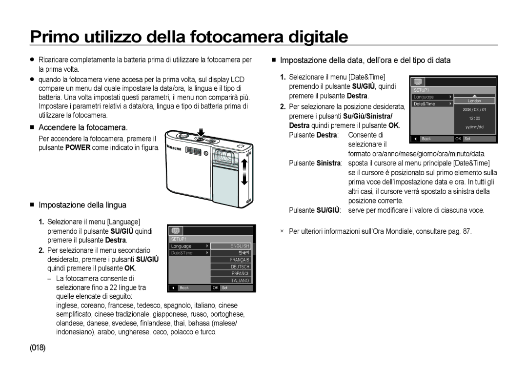 Samsung EC-I100ZBBA/IT Primo utilizzo della fotocamera digitale, Accendere la fotocamera, Impostazione della lingua, 018 