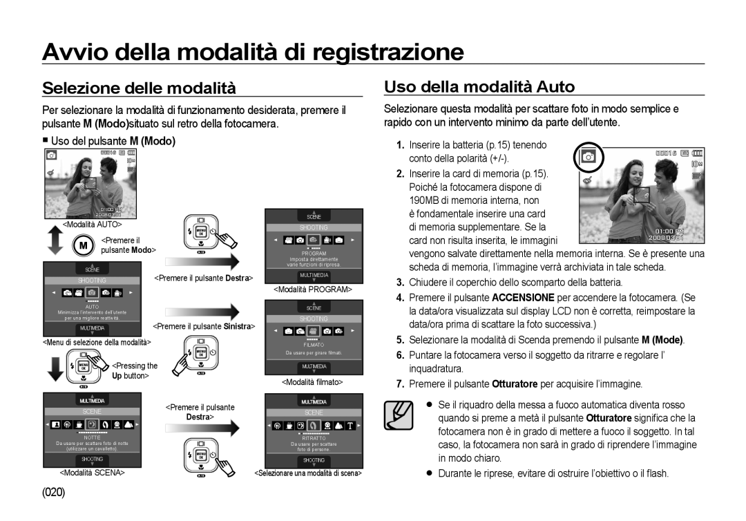 Samsung EC-I100ZSBA/E3 manual Avvio della modalità di registrazione, Selezione delle modalità, Uso della modalità Auto, 020 