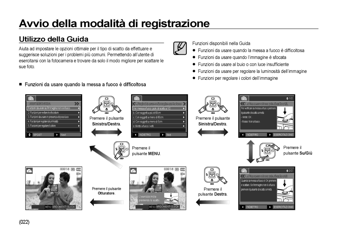 Samsung EC-I100ZBBA/E3 Utilizzo della Guida, Funzioni da usare quando la messa a fuoco è difﬁcoltosa, 022, Sinistra/Destra 