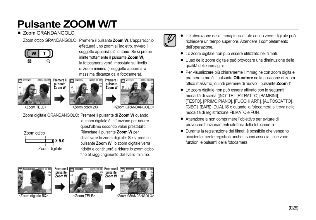 Samsung EC-I100ZGBA/E3, EC-I100ZSBA/E3, EC-I100ZRBA/E3, EC-I100ZBBA/E3 manual Zoom Grandangolo, 029, Zoom ottico Zoom digitale 