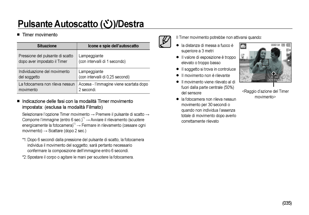 Samsung EC-I100ZNBA/IT, EC-I100ZGBA/E3, EC-I100ZSBA/E3 manual Timer movimento, 035, Situazione Icone e spie dell’autoscatto 