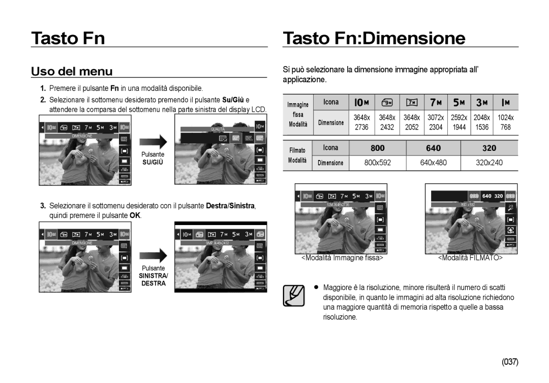 Samsung EC-I100ZSBA/IT, EC-I100ZGBA/E3 manual Tasto Fn Tasto FnDimensione, Uso del menu, 037, Icona ﬁssa, 800x592 640x480 