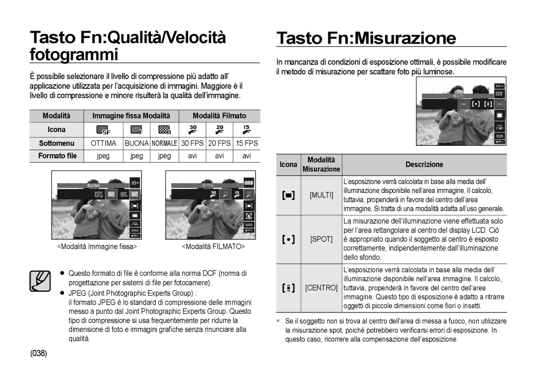 Samsung EC-I100ZBBA/IT manual Tasto FnQualità/Velocità fotogrammi, Tasto FnMisurazione, 038, Modalità Filmato, Icona 