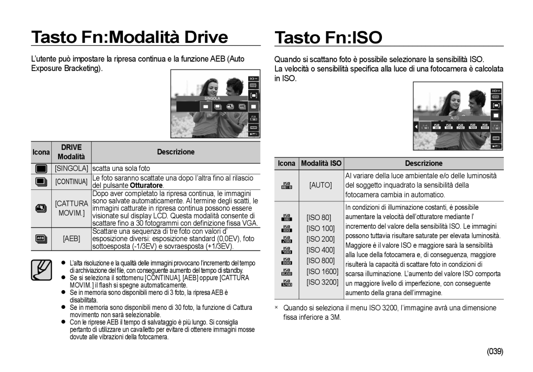 Samsung EC-I100ZGBA/E3 manual Tasto FnModalità Drive Tasto FnISO, Exposure Bracketing, Iso, 039, Descrizione Modalità Icona 