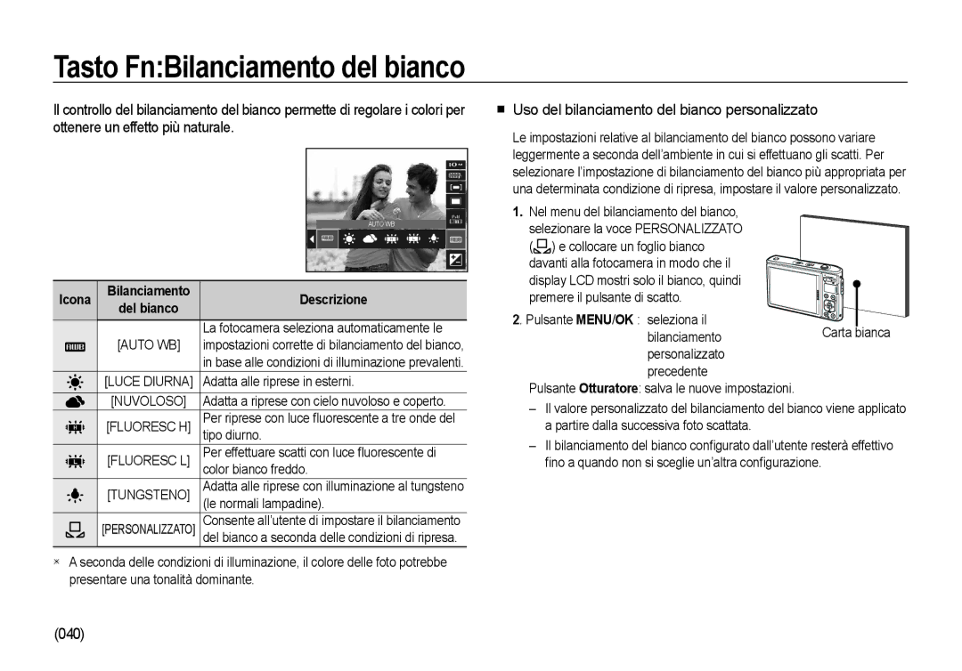 Samsung EC-I100ZSBA/E3 manual Tasto FnBilanciamento del bianco, Uso del bilanciamento del bianco personalizzato, 040 