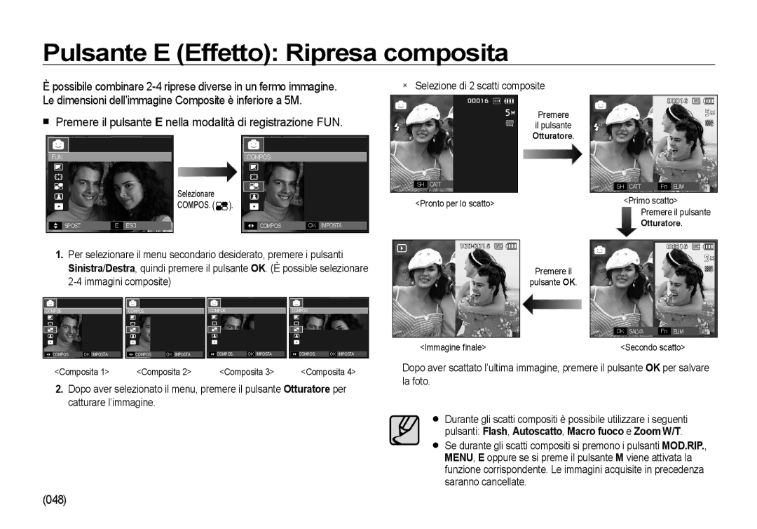 Samsung EC-I100ZBBA/IT, EC-I100ZGBA/E3 manual Pulsante E Effetto Ripresa composita, 048, Selezione di 2 scatti composite 