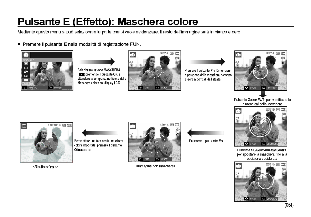 Samsung EC-I100ZRBA/E3, EC-I100ZGBA/E3, EC-I100ZSBA/E3, EC-I100ZBBA/E3 manual Pulsante E Effetto Maschera colore, 051 