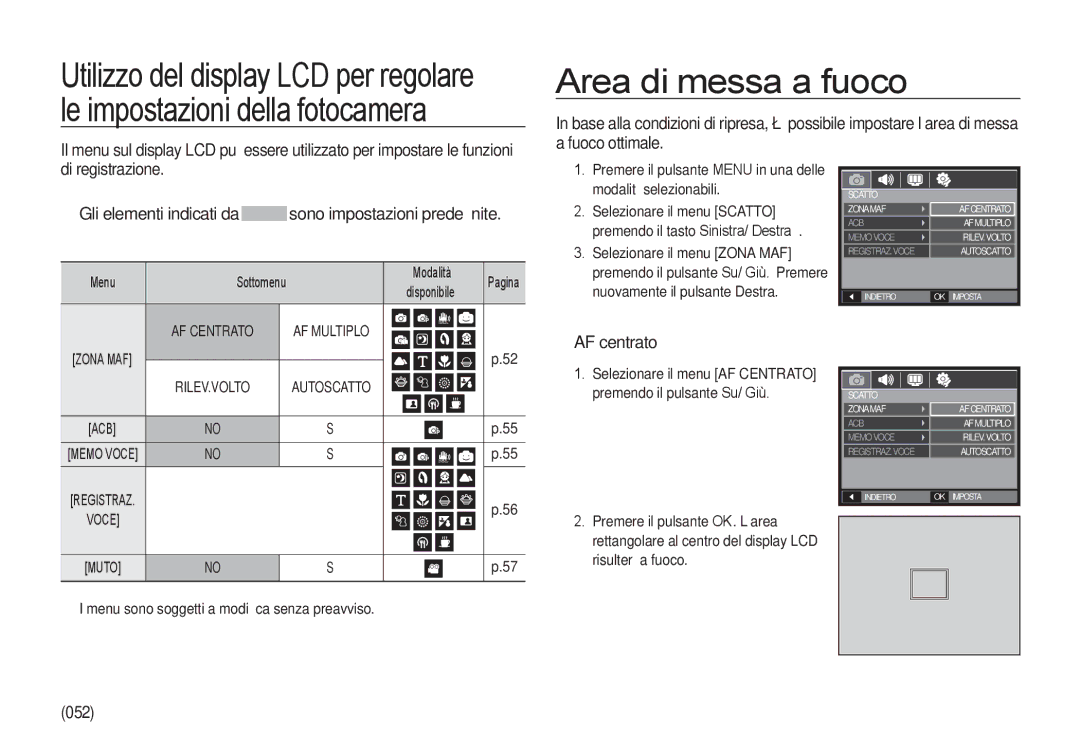 Samsung EC-I100ZBBA/E3 manual Area di messa a fuoco, AF centrato, 052, Menu sono soggetti a modiﬁca senza preavviso 