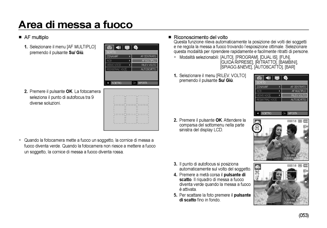 Samsung EC-I100ZRBA/IT, EC-I100ZGBA/E3, EC-I100ZSBA/E3, EC-I100ZRBA/E3 manual AF multiplo, Riconoscimento del volto, 053 