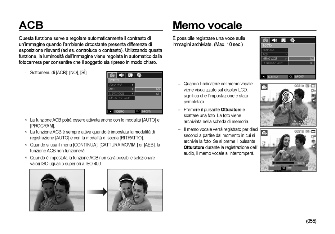 Samsung EC-I100ZNBA/IT, EC-I100ZGBA/E3, EC-I100ZSBA/E3, EC-I100ZRBA/E3 manual Memo vocale, 055, Sottomenu di ACB NO, SÌ 