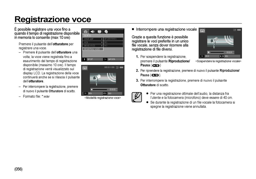 Samsung EC-I100ZABA/IT, EC-I100ZGBA/E3, EC-I100ZSBA/E3, EC-I100ZRBA/E3 manual Registrazione voce, 056, Dell’otturatore, Pausa 