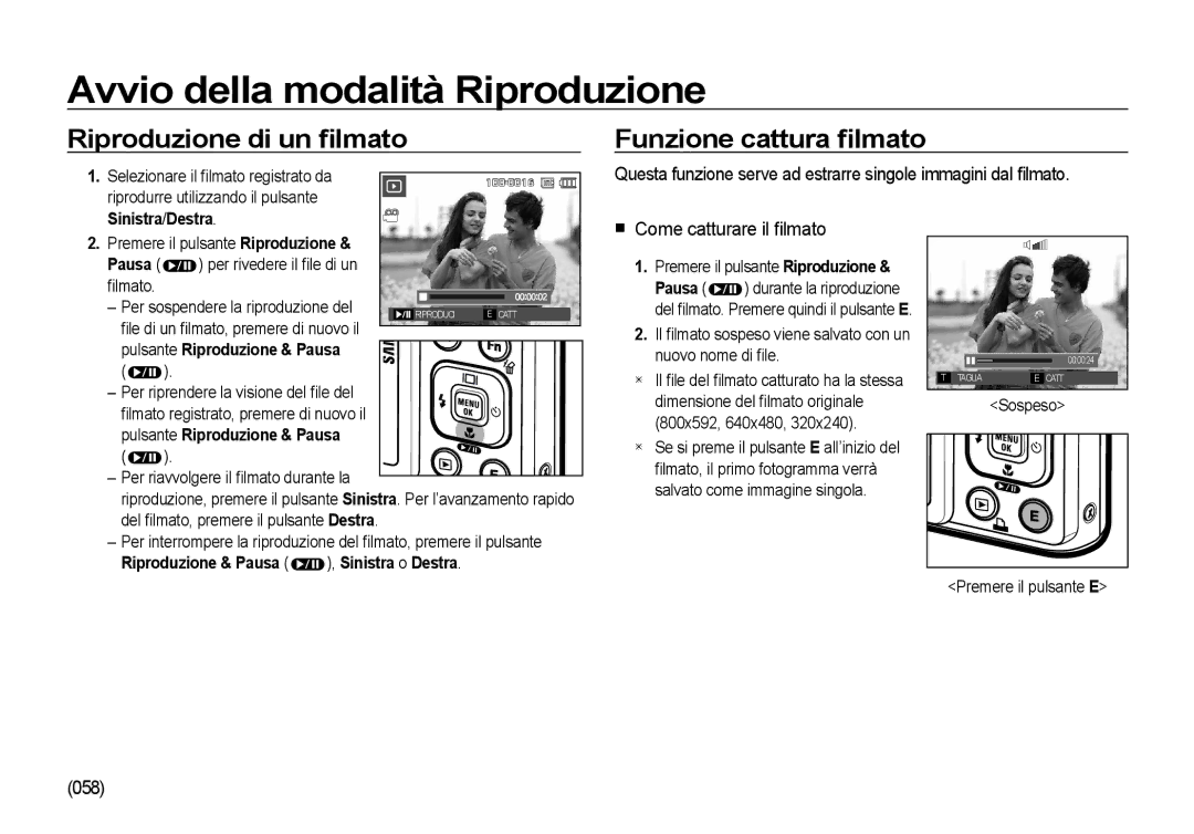 Samsung EC-I100ZBBA/IT manual Avvio della modalità Riproduzione, Riproduzione di un ﬁlmato, Funzione cattura ﬁlmato, 058 