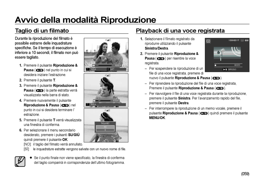 Samsung EC-I100ZGBA/E3, EC-I100ZSBA/E3, EC-I100ZRBA/E3 manual Taglio di un ﬁlmato, Playback di una voce registrata, 059 