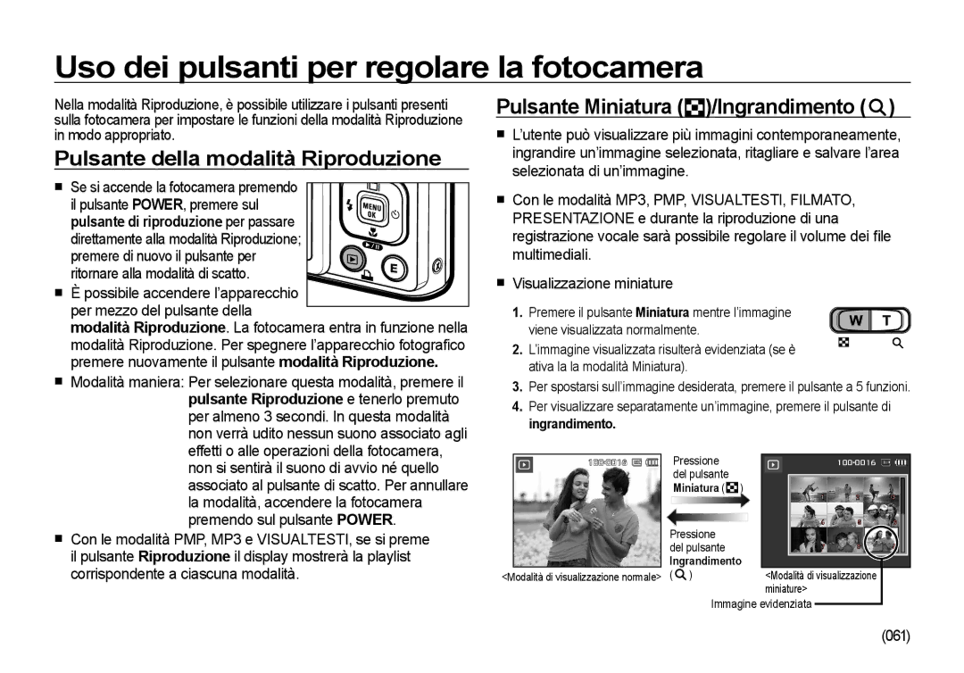 Samsung EC-I100ZRBA/E3 manual Uso dei pulsanti per regolare la fotocamera, Pulsante della modalità Riproduzione, 061 