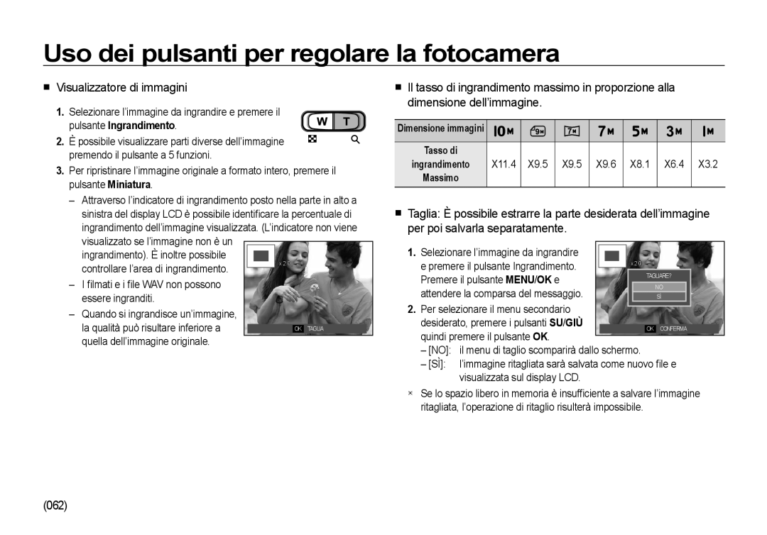 Samsung EC-I100ZBBA/E3, EC-I100ZGBA/E3, EC-I100ZSBA/E3 manual Visualizzatore di immagini, 062, Pulsante Ingrandimento 