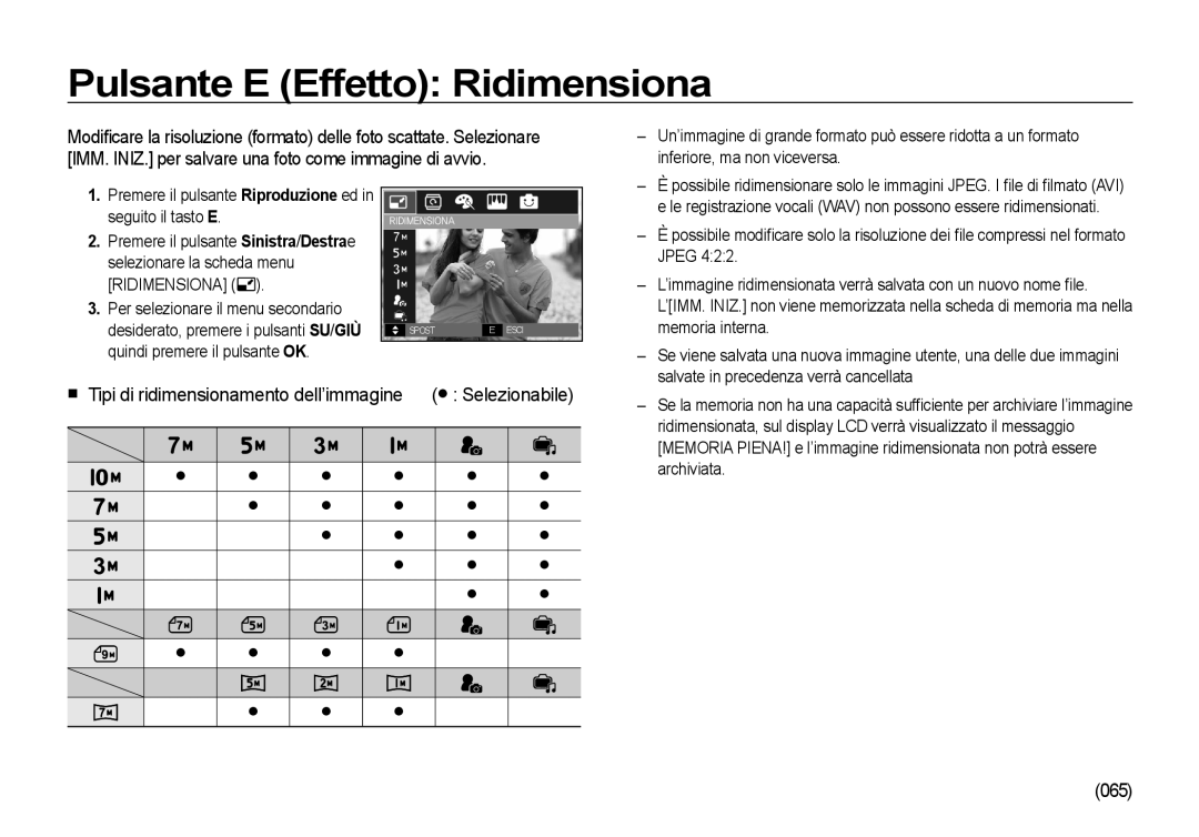 Samsung EC-I100ZNBA/IT manual Pulsante E Effetto Ridimensiona, Tipi di ridimensionamento dell’immagine Selezionabile, 065 