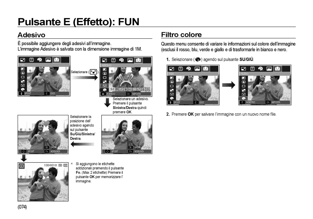 Samsung EC-I100ZGBA/IT, EC-I100ZGBA/E3 manual Adesivo, Filtro colore, Possibile aggiungere degli adesivi all’immagine, 074 