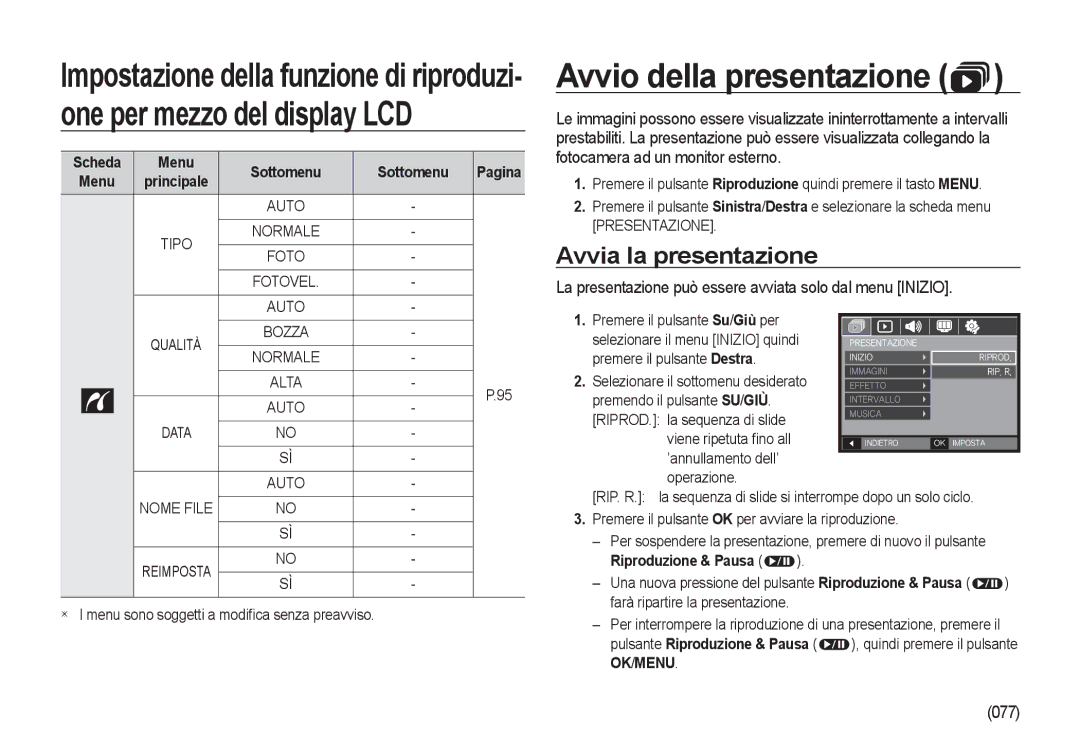 Samsung EC-I100ZSBA/IT, EC-I100ZGBA/E3 manual Avvio della presentazione, Avvia la presentazione, 077, Presentazione 