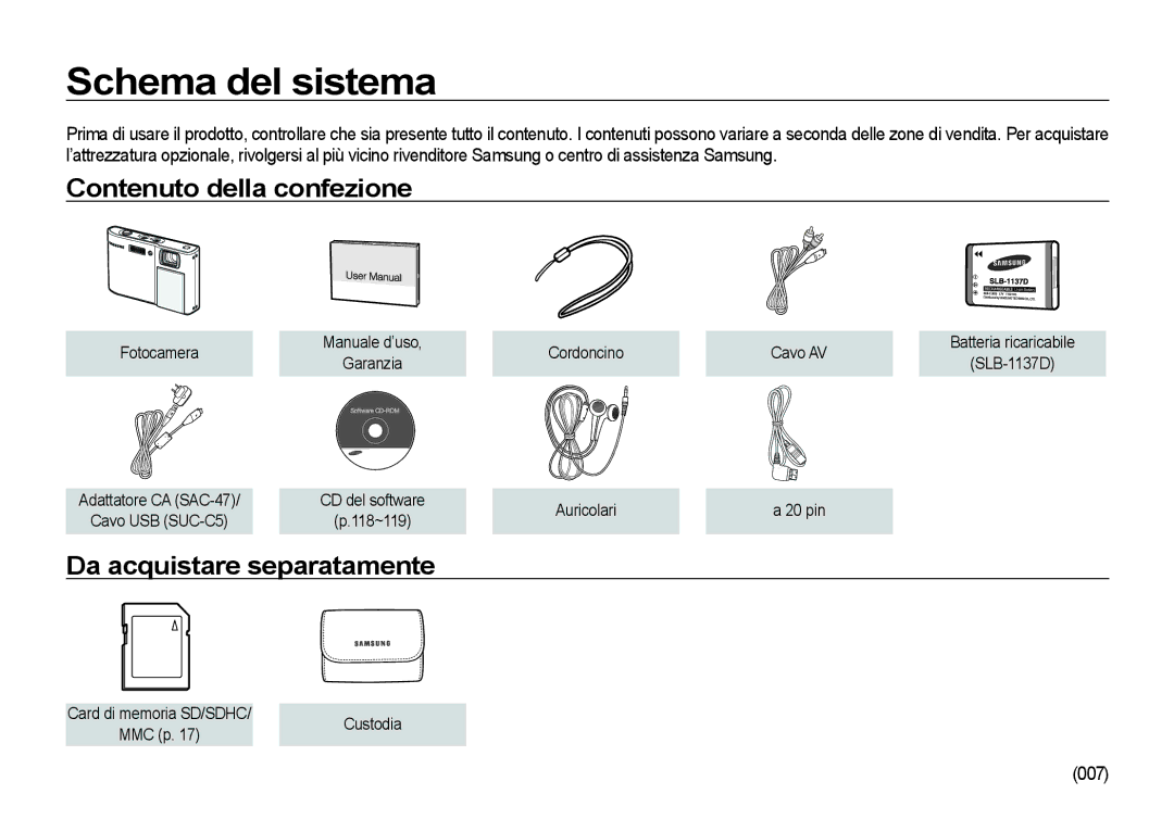 Samsung EC-I100ZSBA/IT, EC-I100ZGBA/E3 Schema del sistema, Contenuto della confezione, Da acquistare separatamente, 007 