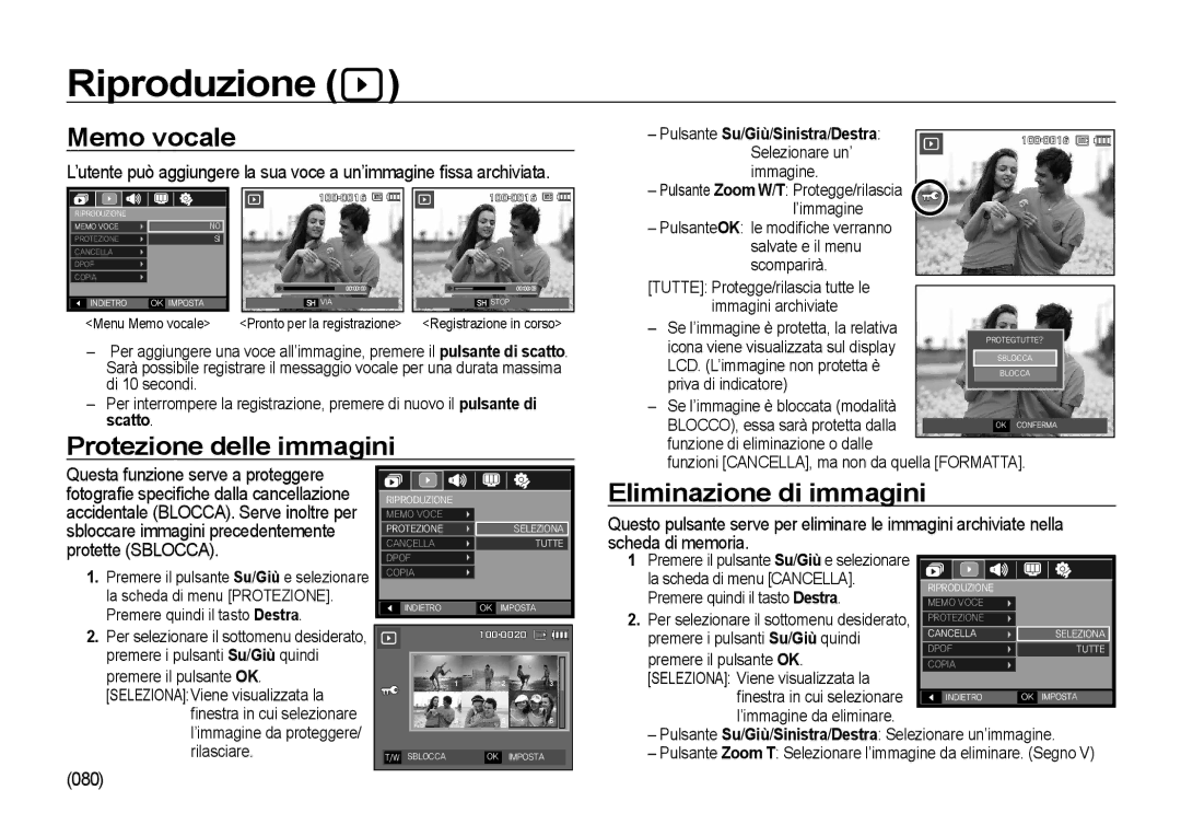 Samsung EC-I100ZSBA/E3, EC-I100ZGBA/E3 Riproduzione, Memo vocale, Protezione delle immagini, Eliminazione di immagini, 080 