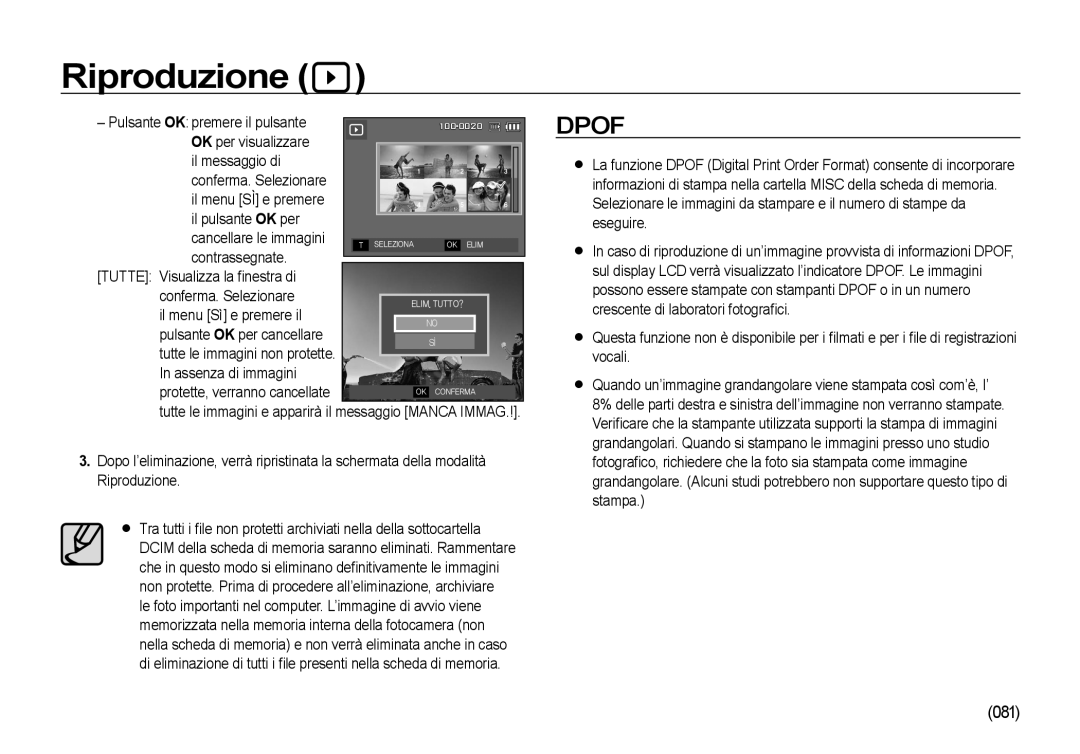 Samsung EC-I100ZRBA/E3 manual 081, Pulsante OK premere il pulsante, Il menu Sì e premere il Pulsante OK per cancellare 