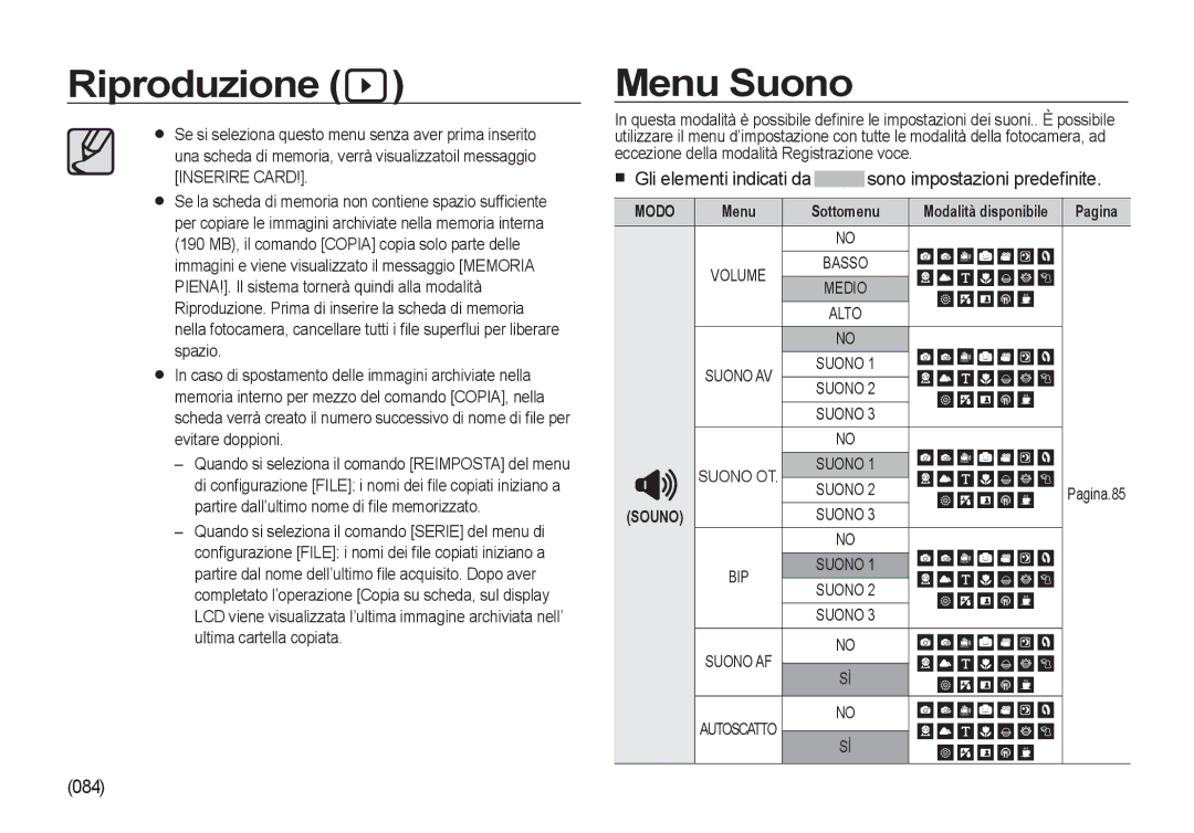 Samsung EC-I100ZGBA/IT, EC-I100ZGBA/E3, EC-I100ZSBA/E3, EC-I100ZRBA/E3, EC-I100ZBBA/E3 Menu Suono, 084, Suono AF Autoscatto 