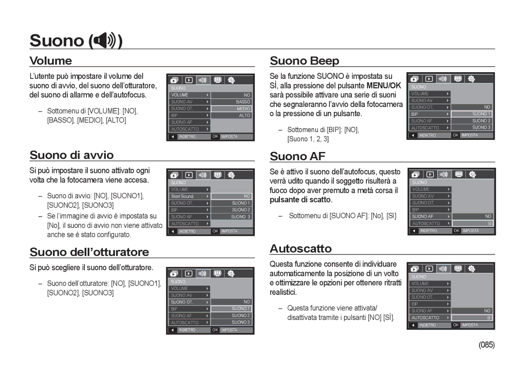 Samsung EC-I100ZNBA/IT manual Volume Suono Beep, Suono di avvio Suono AF, Suono dell’otturatore Autoscatto, 085 