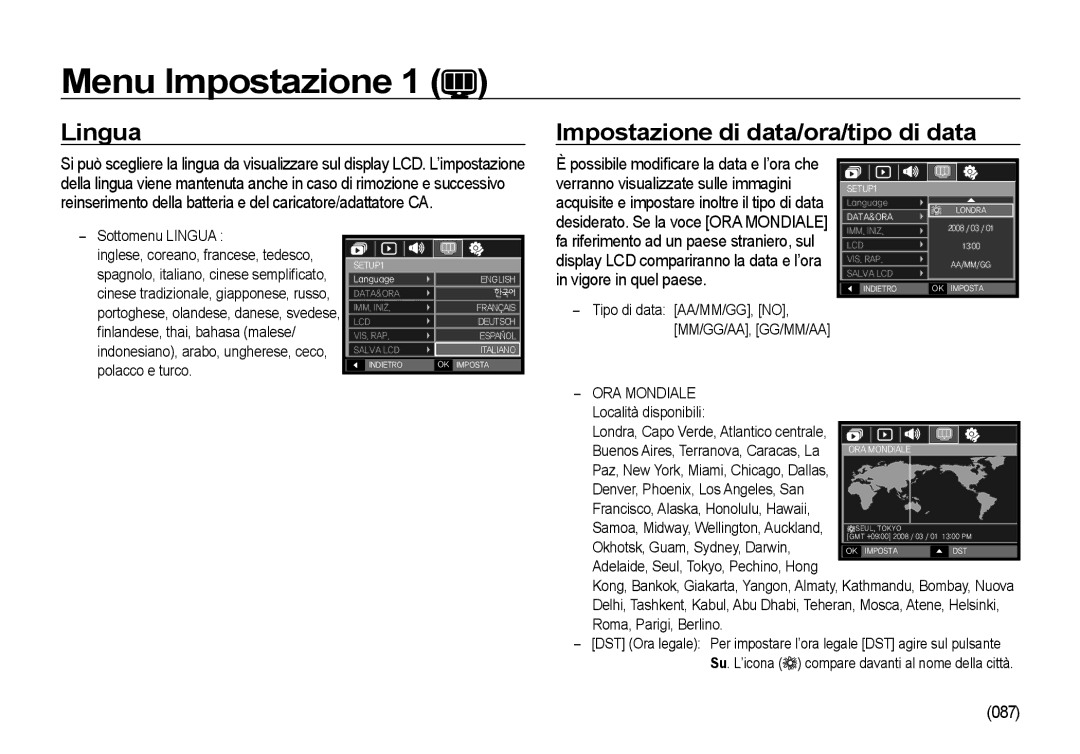 Samsung EC-I100ZSBA/IT manual Lingua Impostazione di data/ora/tipo di data, Vigore in quel paese, 087, ORA Mondiale 