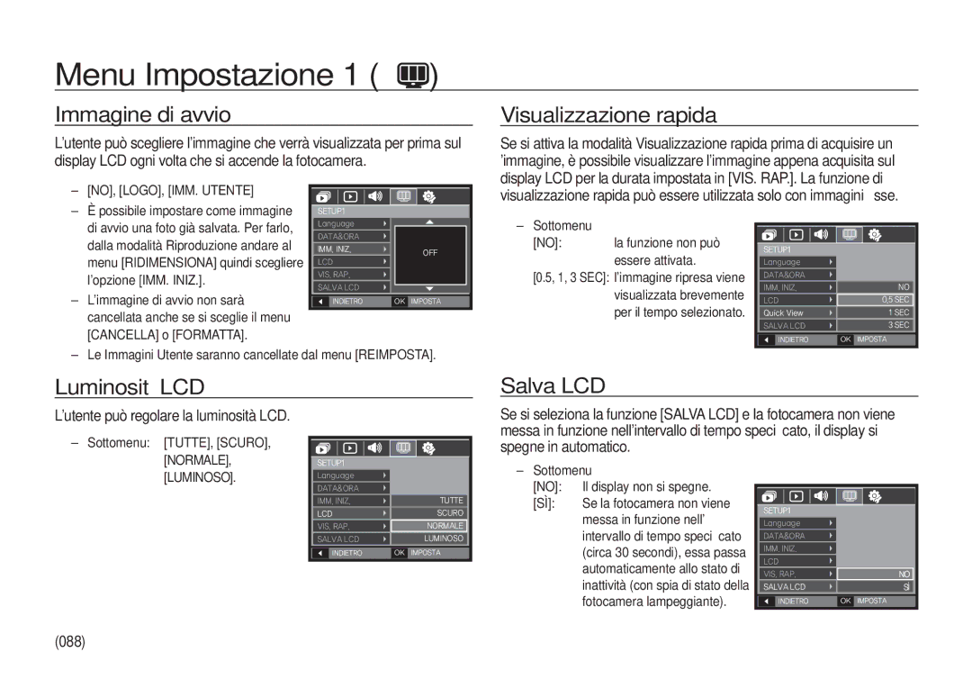 Samsung EC-I100ZBBA/IT, EC-I100ZGBA/E3, EC-I100ZSBA/E3 Immagine di avvio, Visualizzazione rapida, Luminosità LCD, Salva LCD 