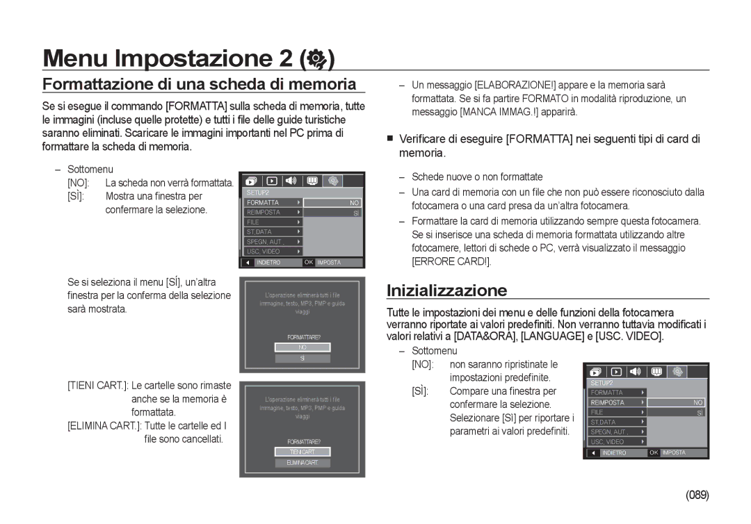 Samsung EC-I100ZGBA/E3, EC-I100ZSBA/E3, EC-I100ZRBA/E3 manual Formattazione di una scheda di memoria, Inizializzazione, 089 