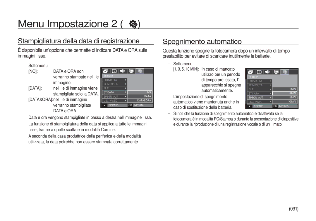 Samsung EC-I100ZRBA/E3, EC-I100ZGBA/E3 manual Stampigliatura della data di registrazione, Spegnimento automatico, 091 