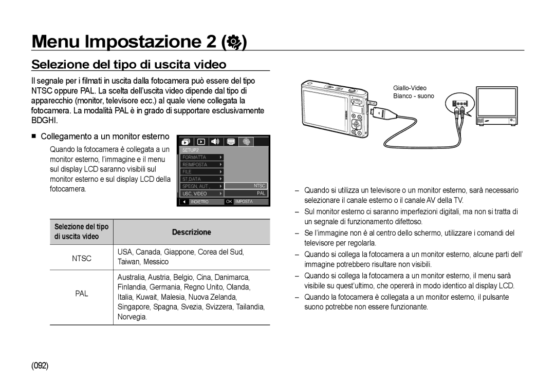 Samsung EC-I100ZBBA/E3, EC-I100ZGBA/E3, EC-I100ZSBA/E3 manual Selezione del tipo di uscita video, 092, Di uscita video 