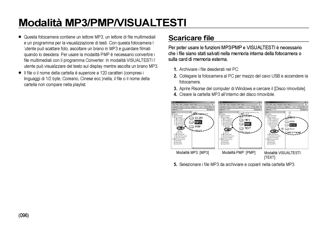 Samsung EC-I100ZABA/IT, EC-I100ZGBA/E3, EC-I100ZSBA/E3, EC-I100ZRBA/E3 manual Modalità MP3/PMP/VISUALTESTI, Scaricare ﬁle, 096 