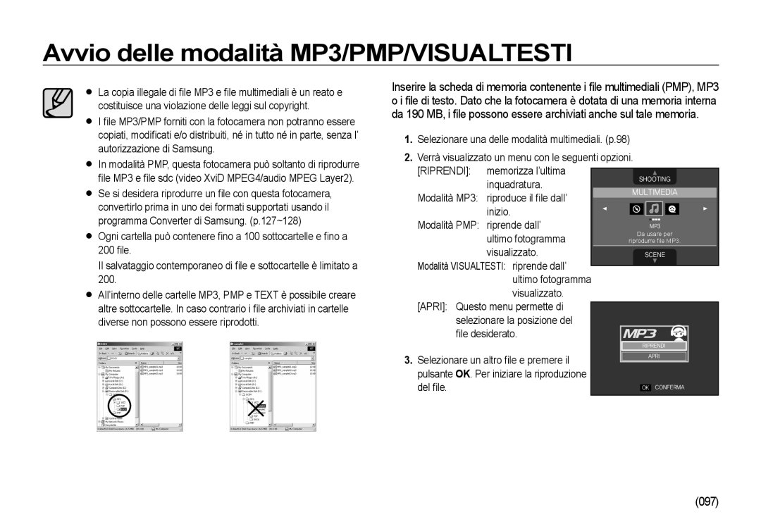 Samsung EC-I100ZSBA/IT, EC-I100ZGBA/E3, EC-I100ZSBA/E3 manual Avvio delle modalità MP3/PMP/VISUALTESTI, 097, Riprendi 