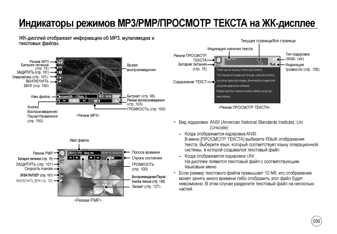 Samsung EC-I100ZSBA/RU manual ЖК-дисплей отображает информацию об MP3, мультимедиа и, Текстовых файлах, 099, Unicode 