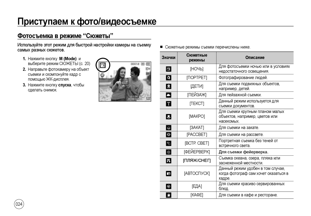 Samsung EC-I100ZSBA/E3, EC-I100ZGBA/E3, EC-I100ZRBA/E3, EC-I100ZBBA/E3 manual Фотосъемка в режиме Сюжеты, 024, Сюжетные 