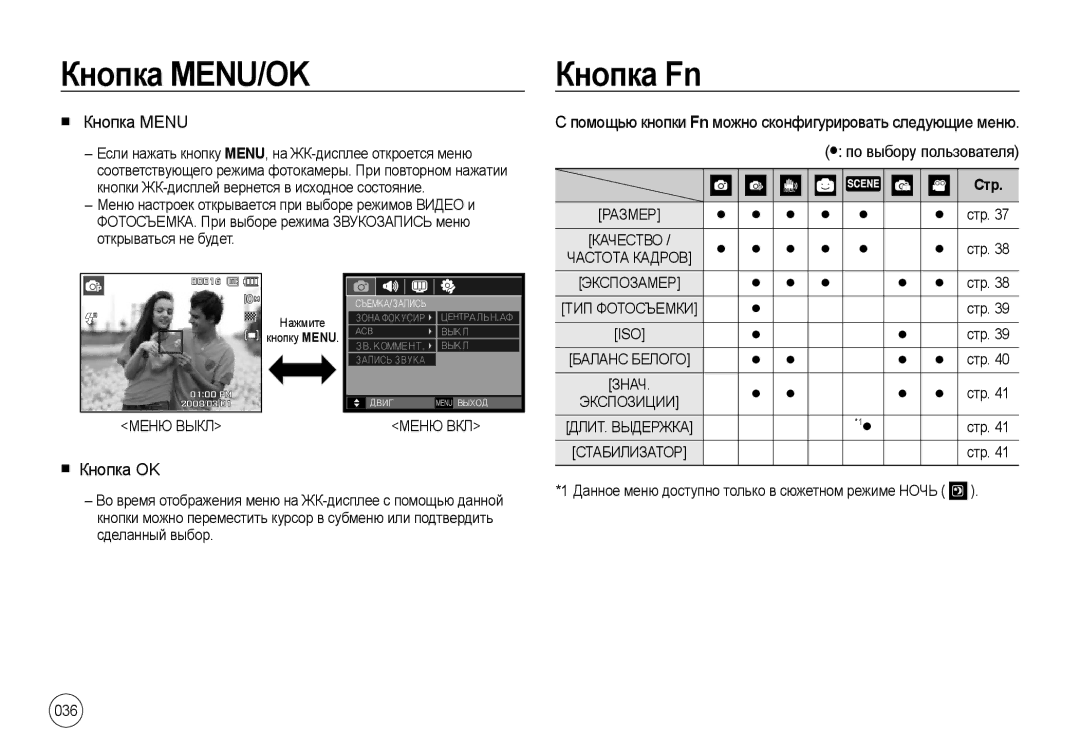 Samsung EC-I100ZSBA/E3, EC-I100ZGBA/E3, EC-I100ZRBA/E3 manual Кнопка MENU/OK, Кнопка Fn, Кнопка Menu, Кнопка OK, 036 