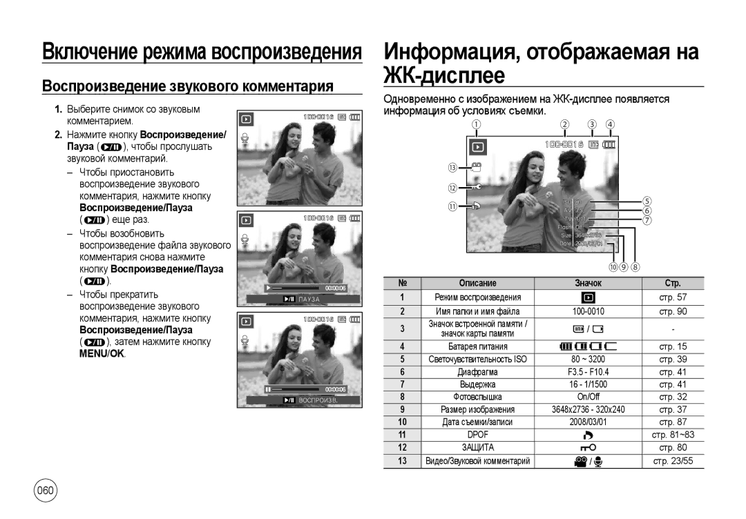 Samsung EC-I100ZSBA/E3 manual 060, Выберите снимок со звуковым комментарием, Затем нажмите кнопку, Menu/Ok, On/Off 