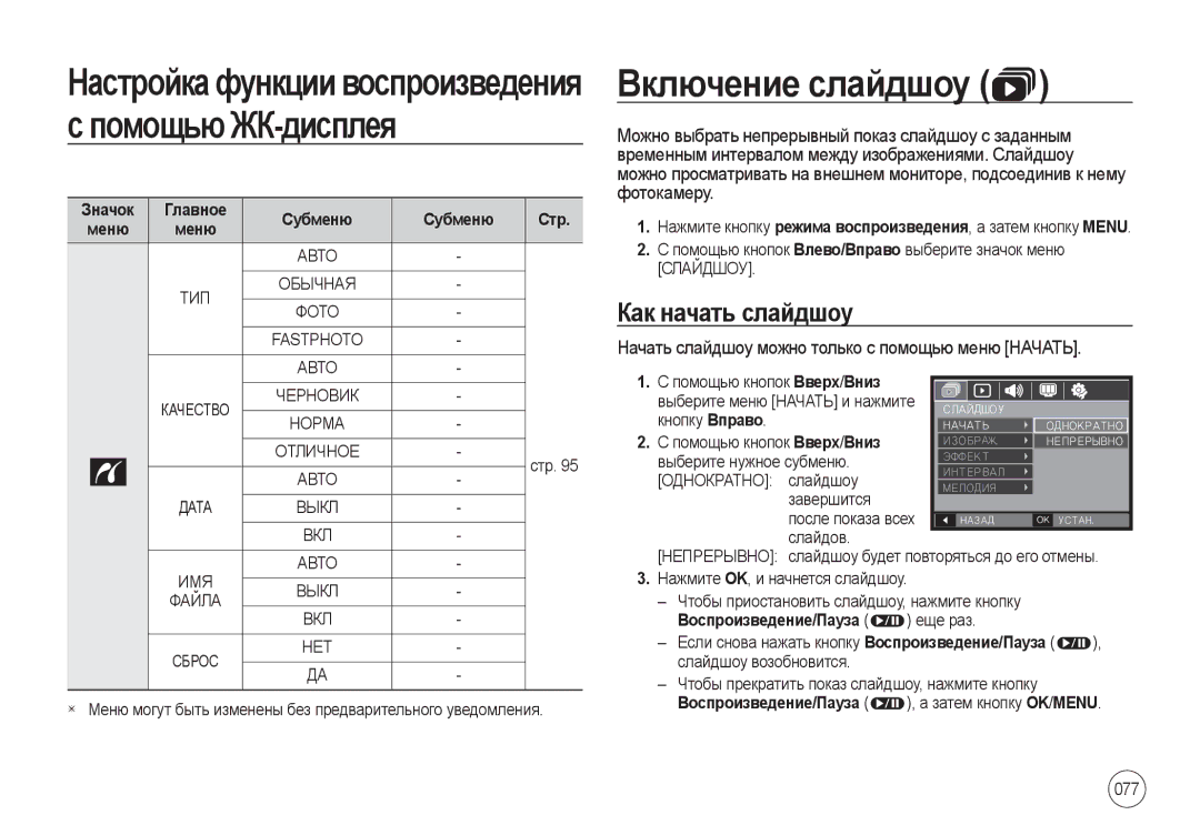 Samsung EC-I100ZNWB/RU Включение слайдшоу, Настройкафункциивоспроизведения спомощьюЖК-дисплея, Как начать слайдшоу, 077 