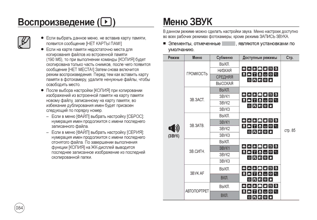 Samsung EC-I100ZSBA/E3, EC-I100ZGBA/E3 Меню Звук, Элементы, отмеченные , являются установками по умолчанию, 084, Режим 