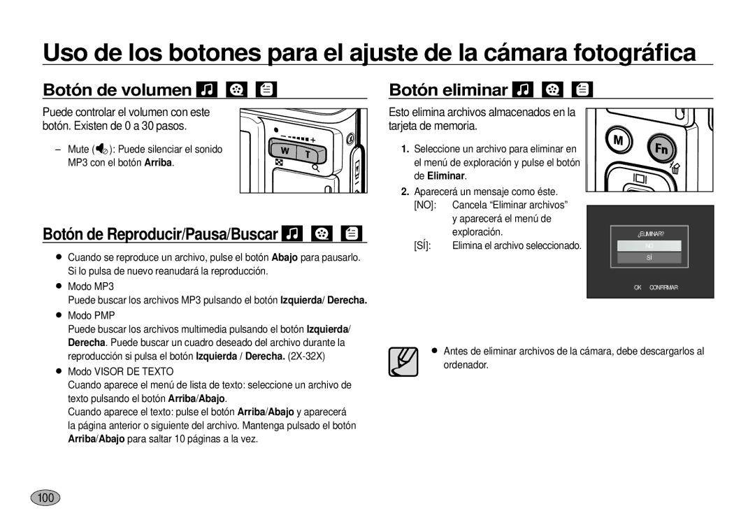 Samsung EC-I100ZSBA/E3, EC-I100ZGBA/E3, EC-I100ZRBA/E3, EC-I100ZBBA/E3, EC-I100ZSBA/E1 manual Botón de volumen Botón eliminar 