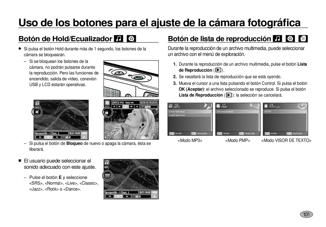 Samsung EC-I100ZRBA/E3, EC-I100ZGBA/E3 Botón de Hold/Ecualizador, Botón de lista de reproducción, 101, Modo Visor DE Texto 