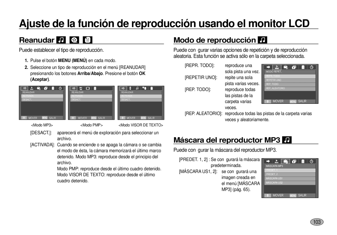 Samsung EC-I100ZSBA/E1, EC-I100ZGBA/E3, EC-I100ZSBA/E3 manual Reanudar, Modo de reproducción, Máscara del reproductor MP3 