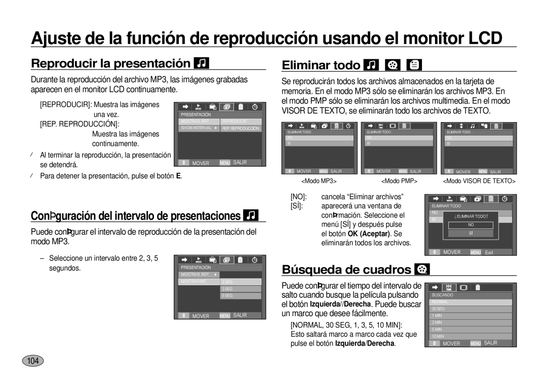 Samsung EC-I100ZGBA/E3, EC-I100ZSBA/E3, EC-I100ZRBA/E3 Reproducir la presentación, Eliminar todo, Búsqueda de cuadros, 104 