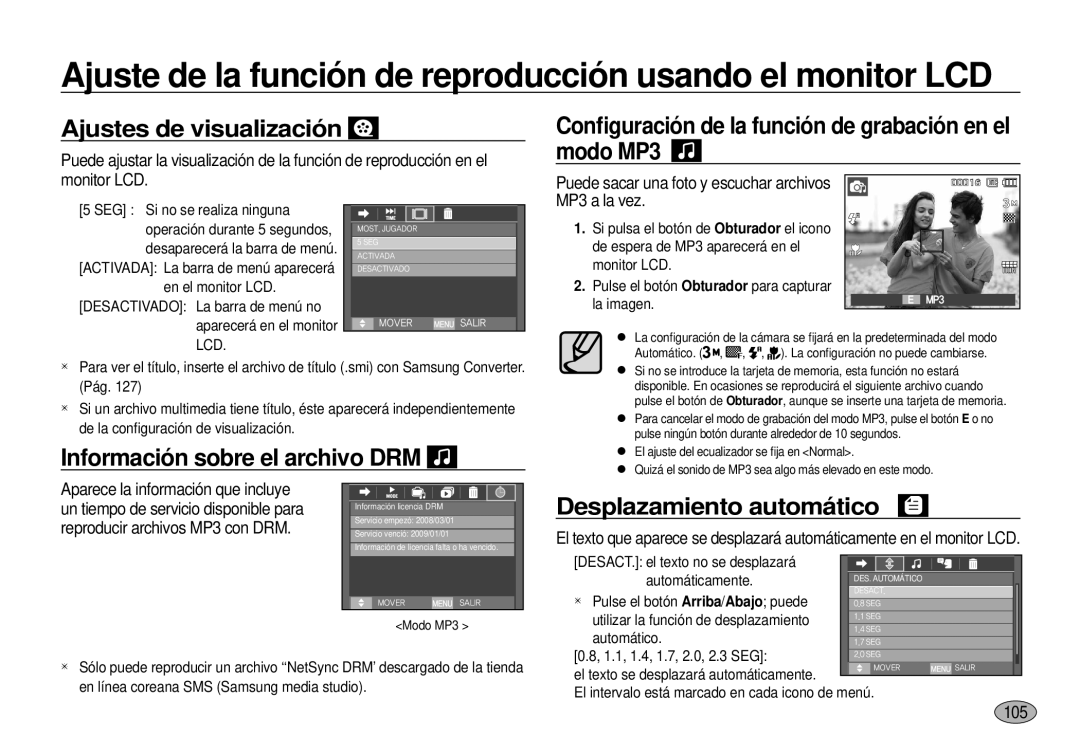 Samsung EC-I100ZSBA/E3 manual Ajustes de visualización, Conﬁguración de la función de grabación en el modo MP3, 105 