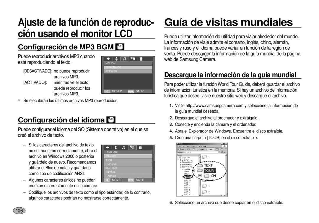 Samsung EC-I100ZRBA/E3 Guía de visitas mundiales, Conﬁguración de MP3 BGM, Descargue la información de la guía mundial 