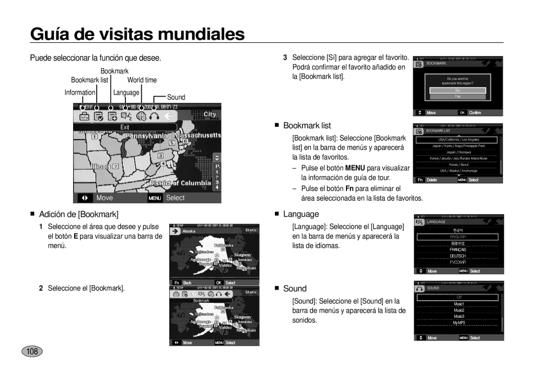 Samsung EC-I100ZSBA/E1, EC-I100ZGBA/E3 Puede seleccionar la función que desee, Adición de Bookmark, Language, Sound, 108 