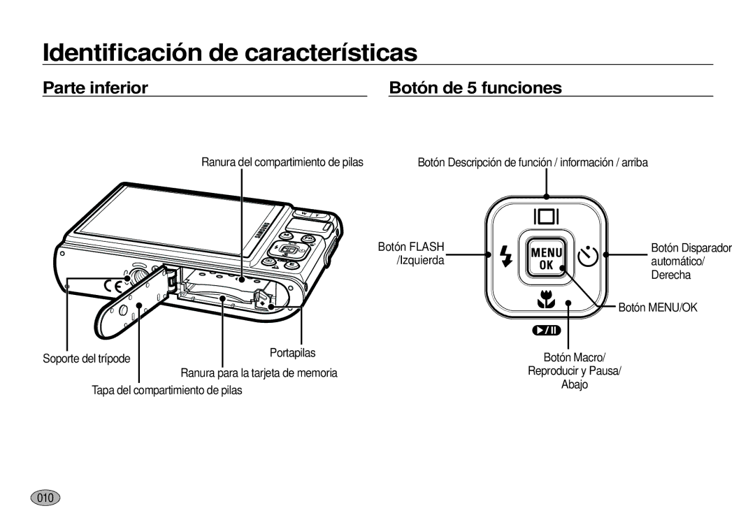 Samsung EC-I100ZSBA/E3 manual Parte inferior Botón de 5 funciones, Ranura del compartimiento de pilas, Soporte del trípode 