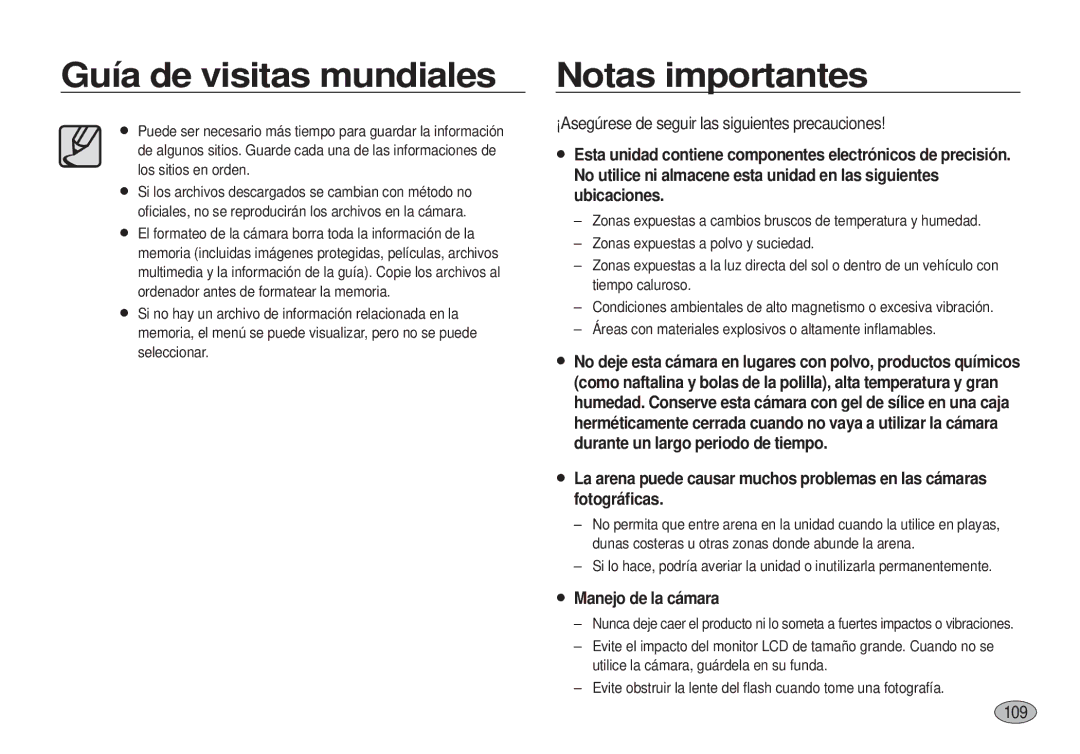 Samsung EC-I100ZGBA/E3, EC-I100ZSBA/E3 manual Notas importantes, ¡Asegúrese de seguir las siguientes precauciones, 109 