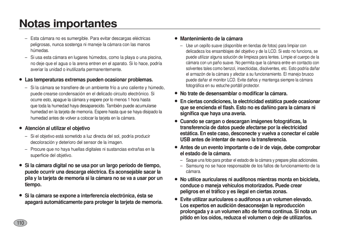 Samsung EC-I100ZSBA/E3, EC-I100ZGBA/E3, EC-I100ZRBA/E3 manual 110, Las temperaturas extremas pueden ocasionar problemas 